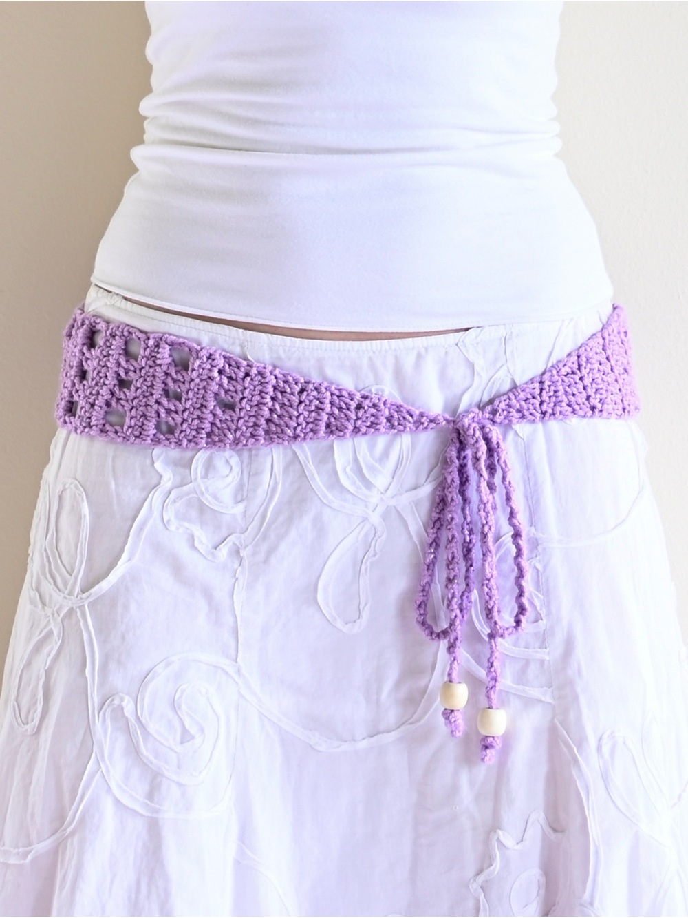 Handmade Lavender Crochet Tie Belt with Wood Beads